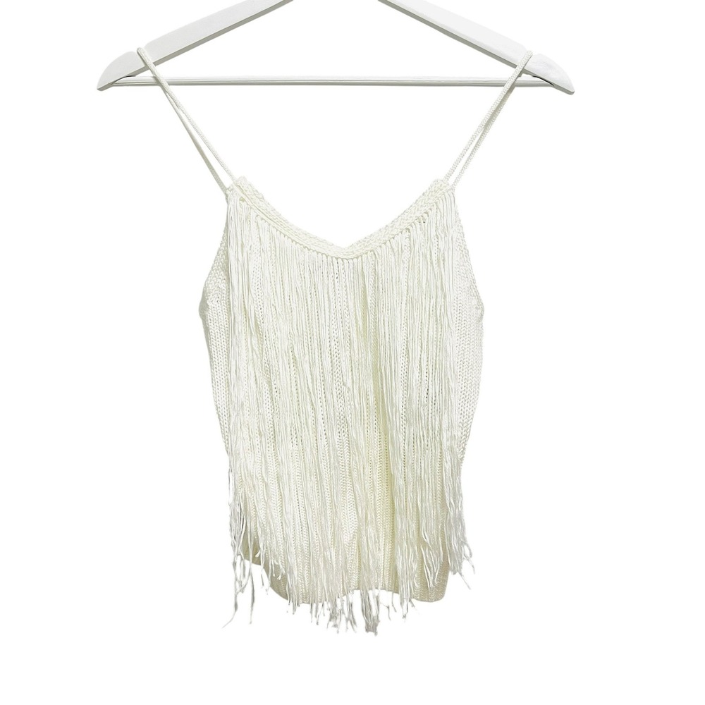 525 America Knit Cami Women XS White Fringe V-Neck Spaghetti Strap Boho Festival